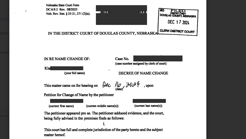 Nebraskaပြည်နယ်မှာနေတဲ့အမျိုးသမီးတစ်ယောက် နာမည်ပြောင်းဖို့ ကူညီလို့ပြီးသွားပြီ။ We helped a lady changed his name in the court already. She is satisfied with our services.